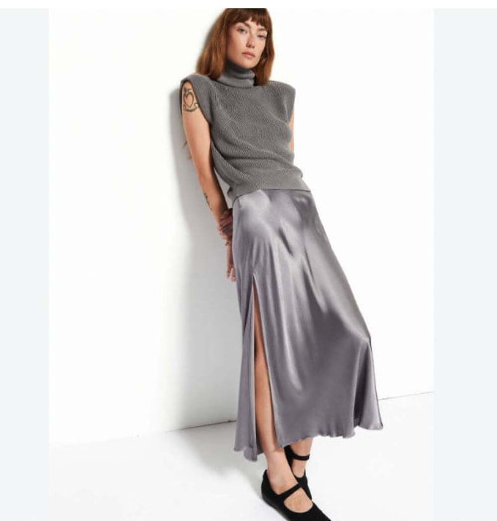 Nation Maribel Skirt Womens Medium Gray Smoke Satin Bias Maxi Slit Pull On Casul